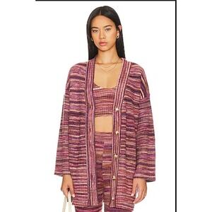 L*Space XS/S Button Down Knit Cardigan Duster Sweater Plum Purple Striped